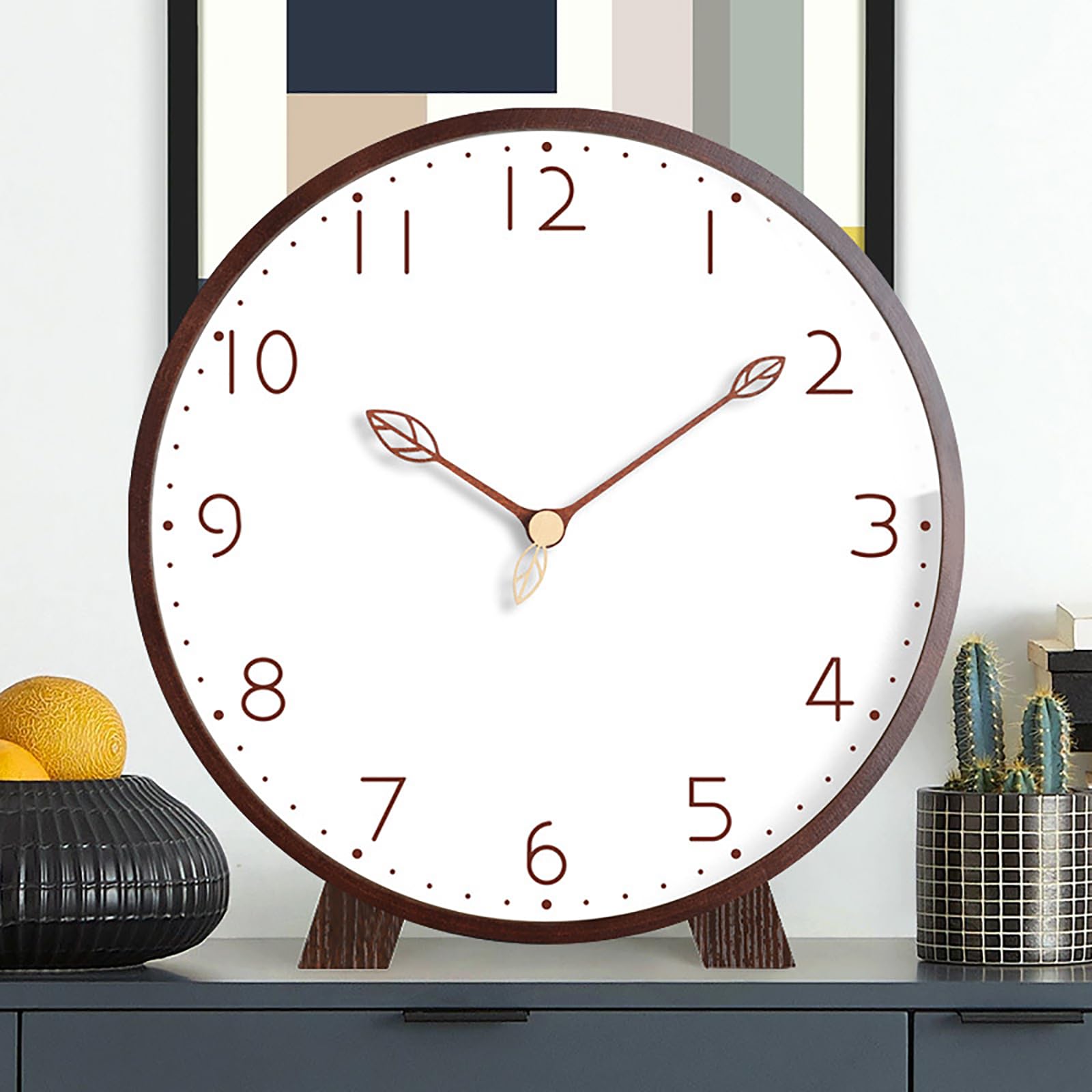 Maxspace Table Clock,Silent Non-Ticking Wooden Desktop Clock,Battery Operated Decorative Desk Clock for Living Room Office Bedroom Decor (Walnut+White)
