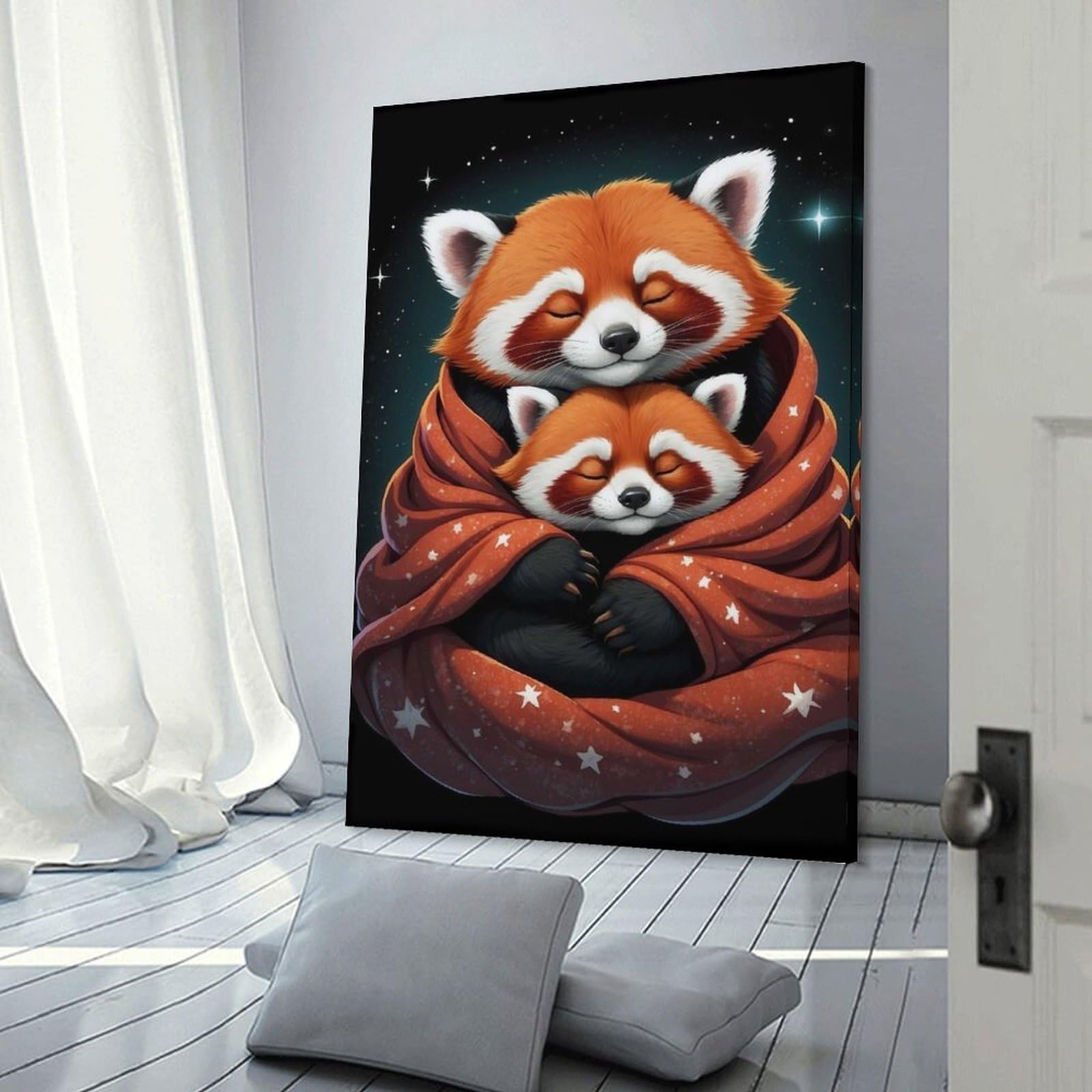 Junmoney Red Pandas Snuggled in Star Blanket Decorative Wall Artwork, 12x18inch(30x45cm), for Corridors, Hallways Or Apartment Entries, Home Artwork for First Impressions