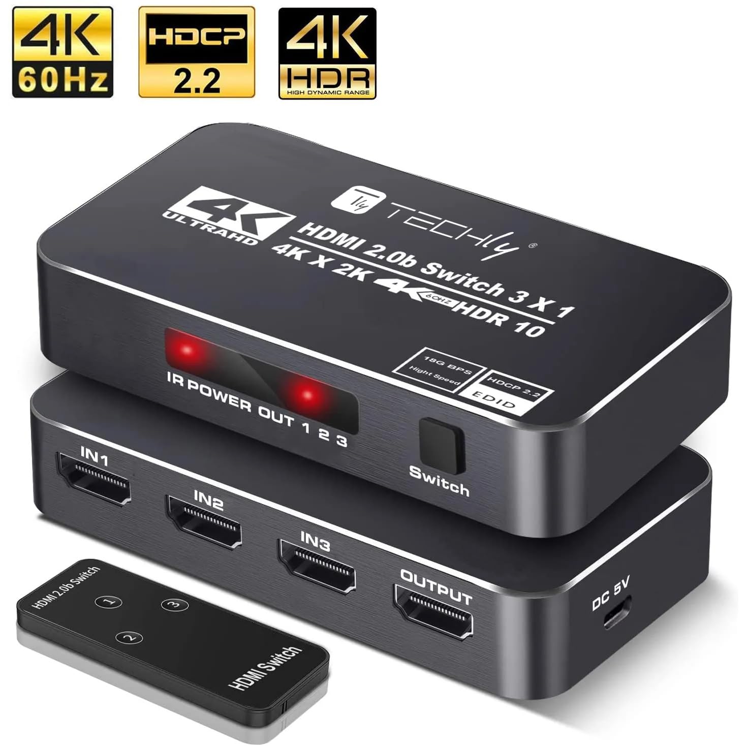Techly 367171 - Conmutador HDMI 2.0b 3 in 1out 4K HDR HDCP2.2 con Mando a Distancia Negro