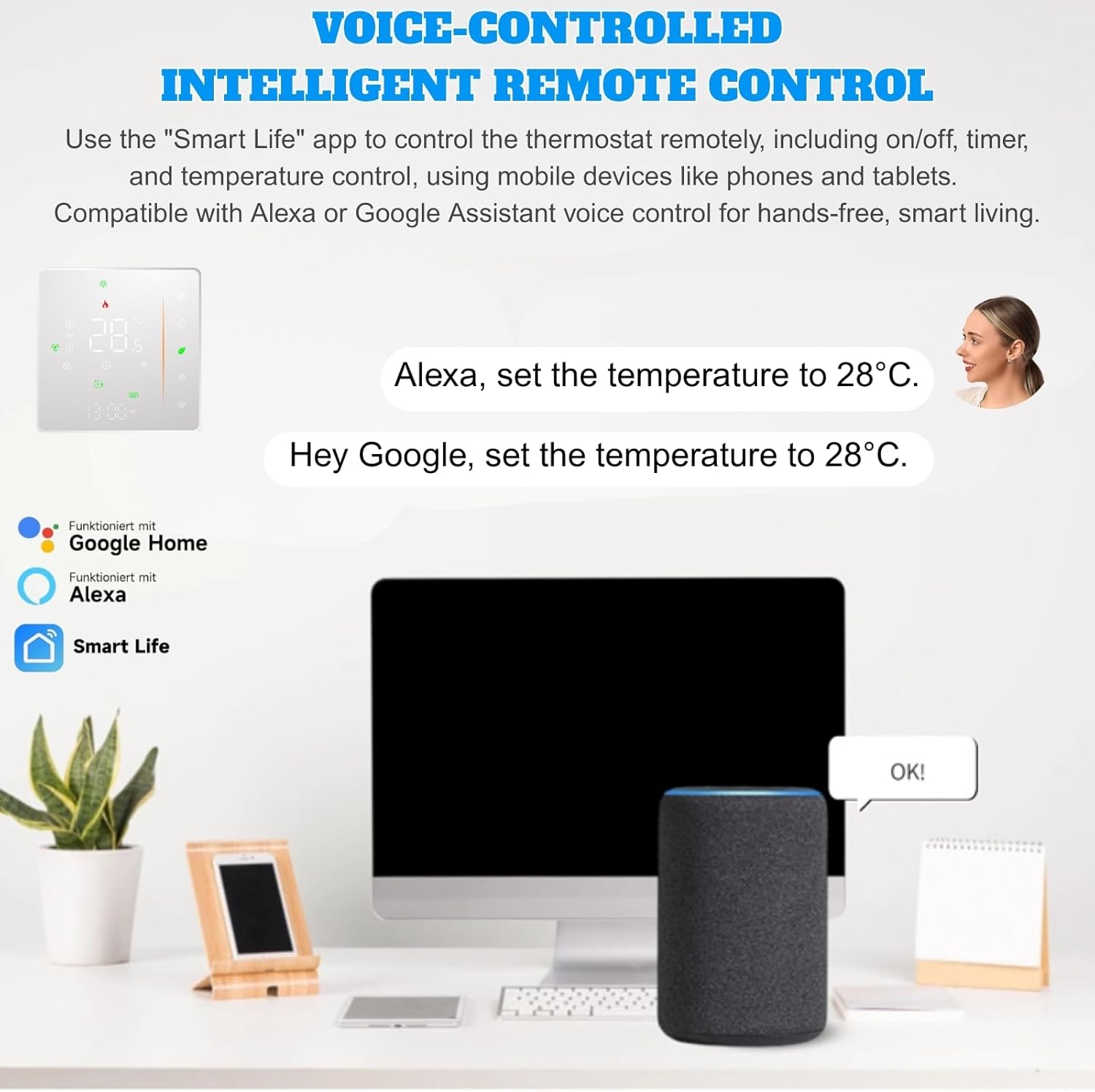 User interacting with Wattive Smart Thermostat via Alexa and Google Home voice commands.