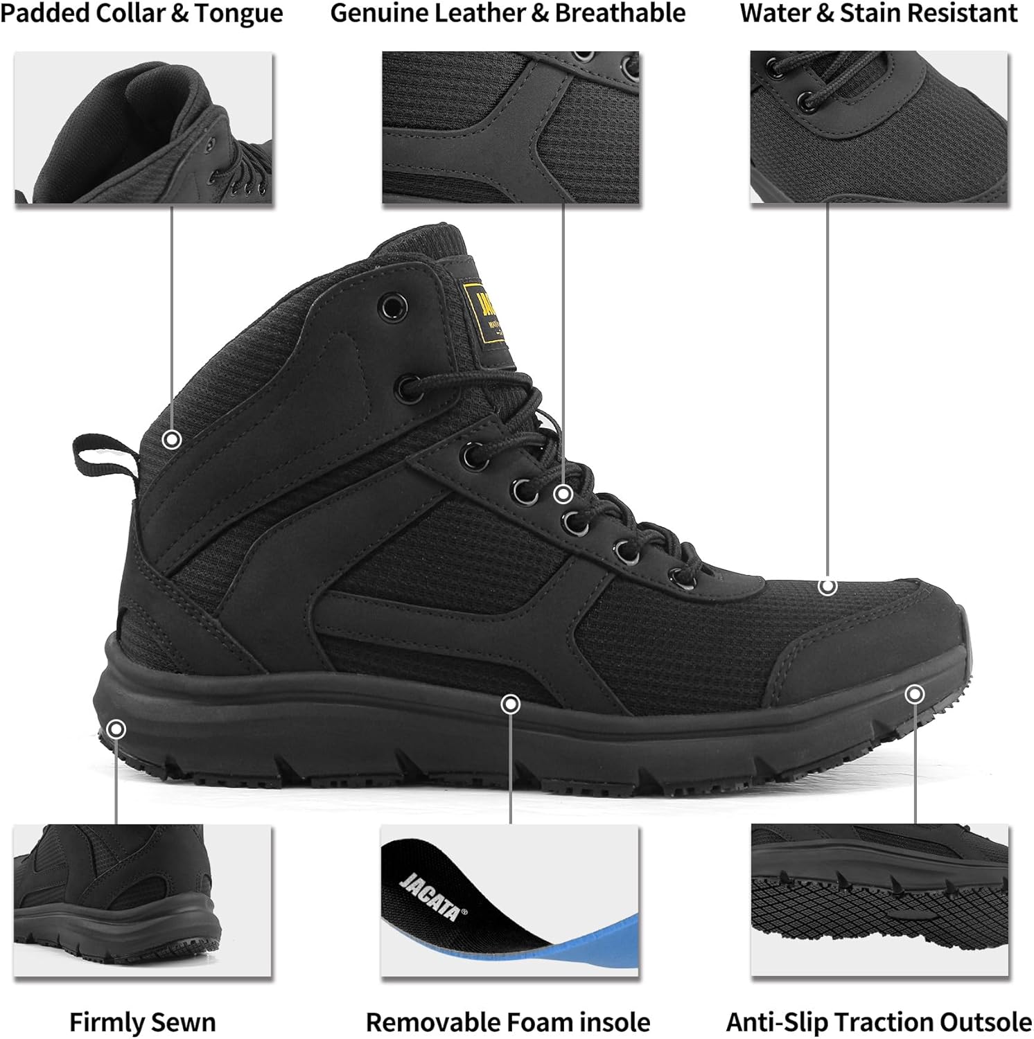 Jacata Non Slip Work Shoes for Men Food Service Mens Water Resistant Leather Slip on Chef Walking Boots for Restaurant Kitchen Air CushionShoes(Black Size 6) - Image 2