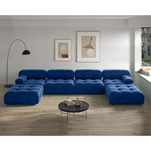Modern Velvet Sectional Sofa, U Shape Minimalist Modular 6-Seater Couch with 2-Ottomans for Living Room Office Apartment (138in/Blue)