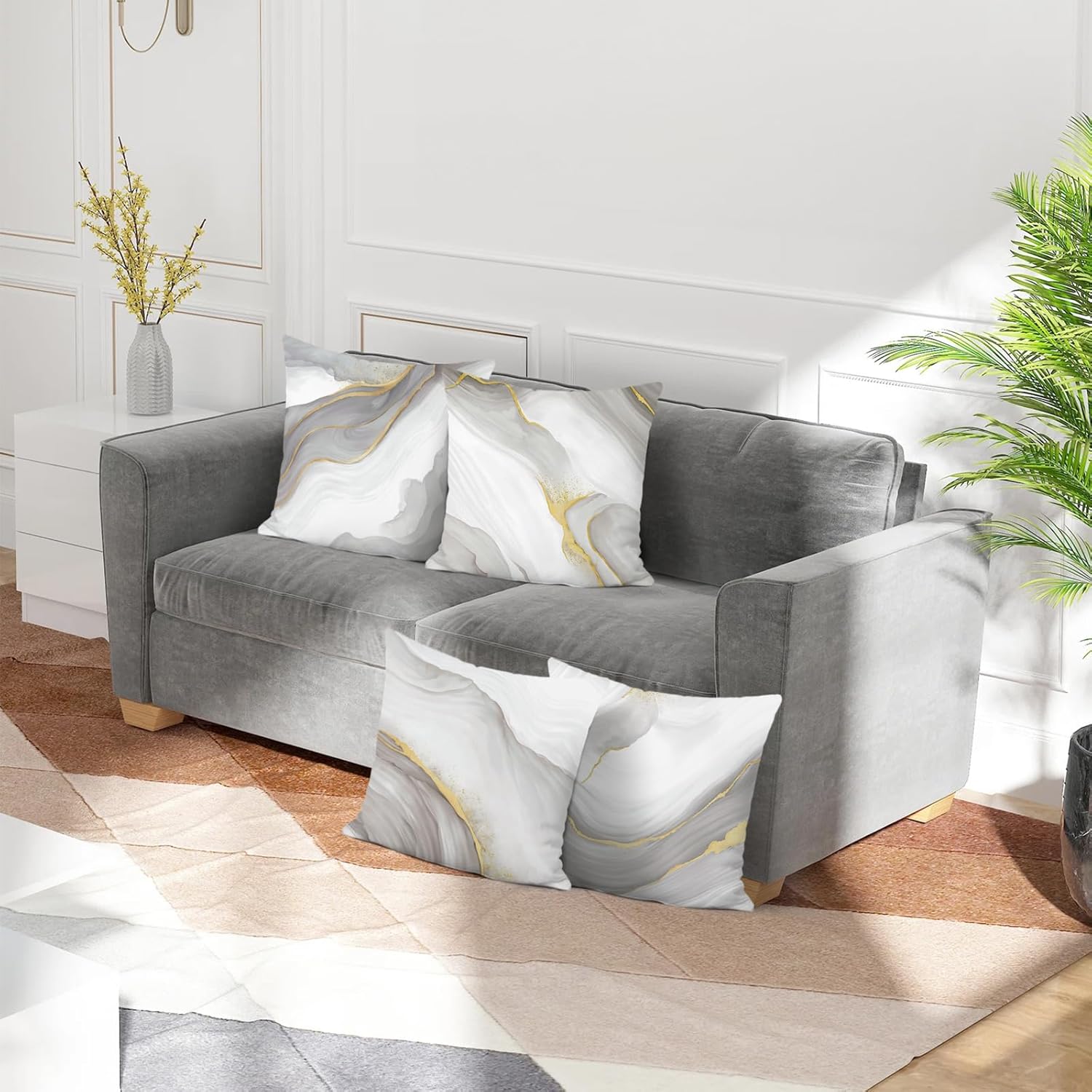 Bonhause Grey Gold Marble Throw Pillow Covers 18 x 18 Inch Modern Abstract Marble Texture Decorative Pillows Case Soft Velvet Cushion Covers for Couch Sofa Bed Home Decor Set of 4 - Image 3