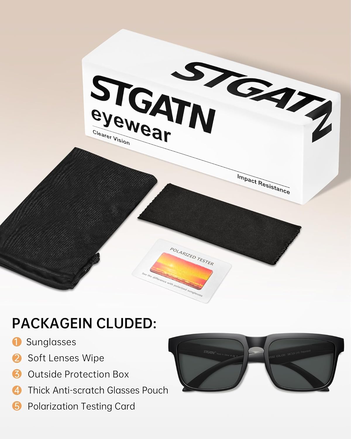 STGATN Retro Square Polarized Sunglasses for Men UV400 Protection, TR90 Ultralight Flexible Shades Driving Fishing