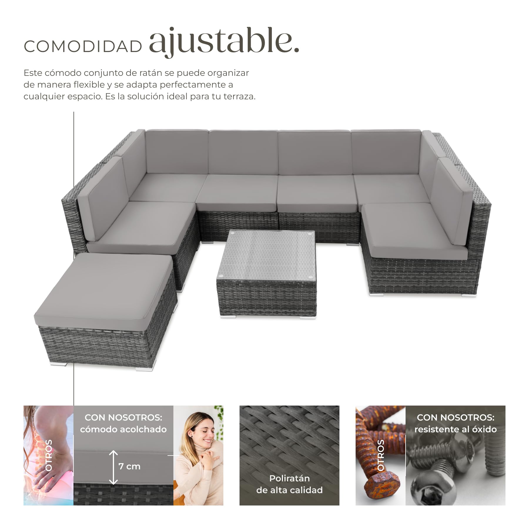 tectake® Conjunto Jardín de Ratán con Cojines, Conjunto Terraza Combinable y Resistente a la Intemperie, Muebles Jardín Exterior 6 Sillones, 1 Mesa, 1 Taburete, Estructura y Tornillos en Acero - Gris