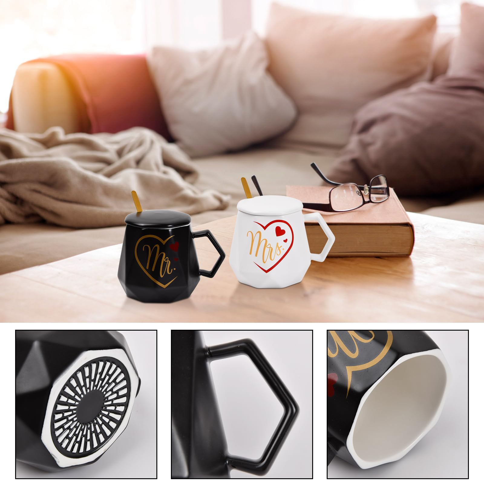 Tazze Mr E Mrs Per Coppie - Ceramica Con Base Sughero 300ml - Regalo Matrimonio San Valentino - Foto 3