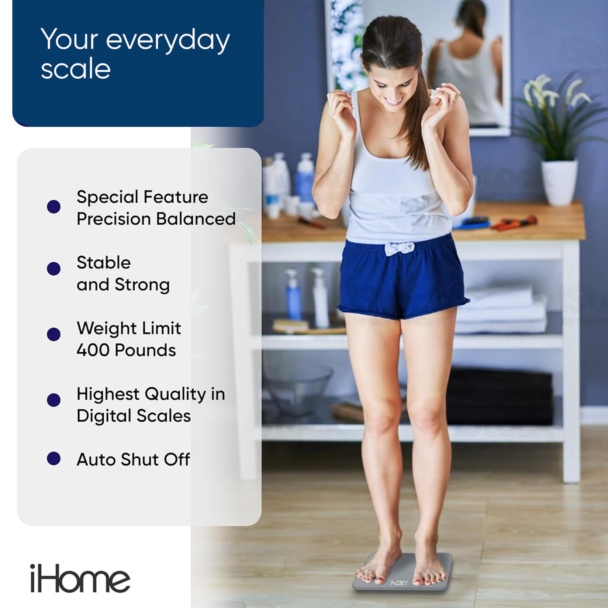 iHome iHome – Pèse-personne numérique de haute précision – 181,4 kg – Alimenté par piles avec écran DEL – Piles incluses – Idéal pour la salle de sport à domicile (gris)