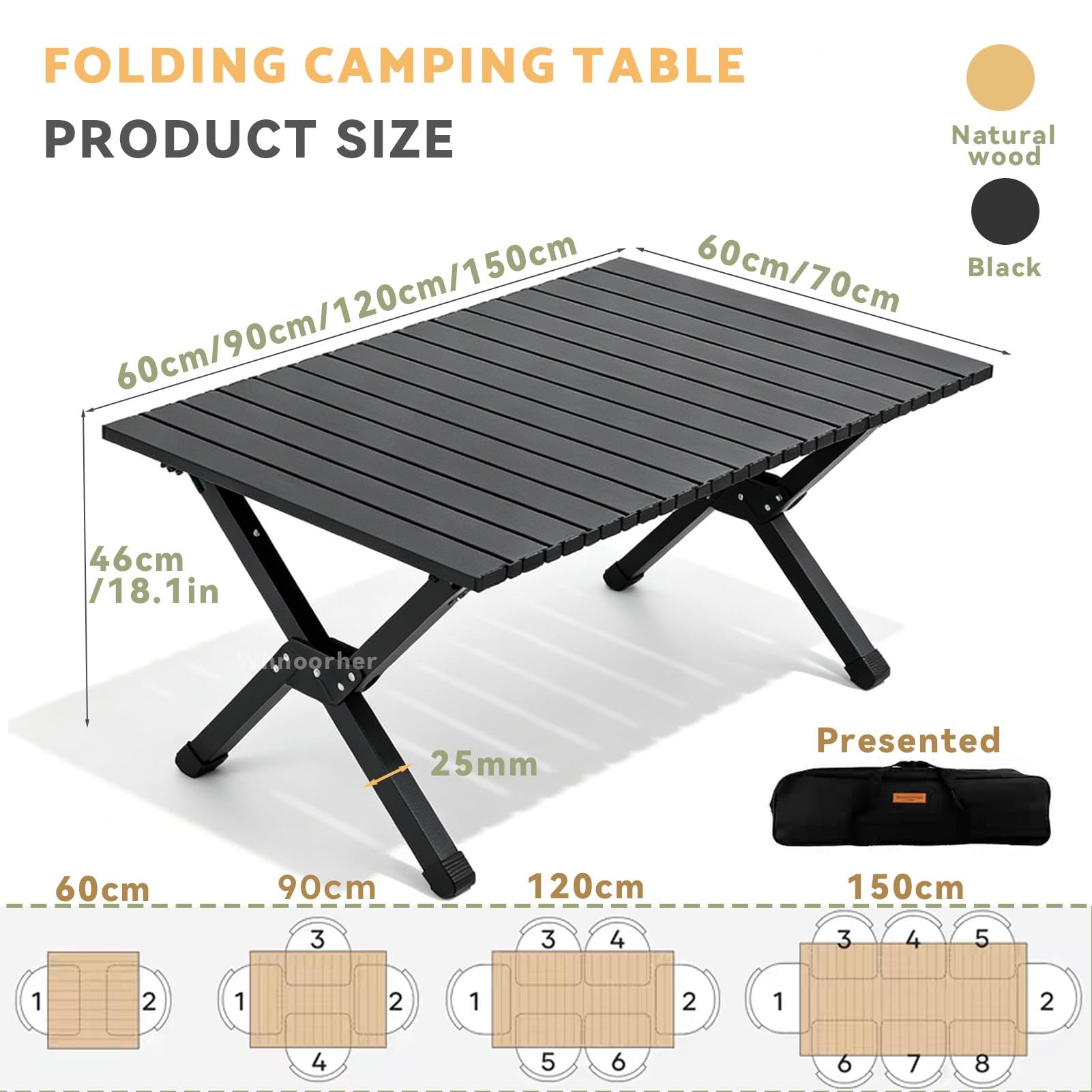 Mesa de Camping Marco de Acero Plegable con Bolsa de Transporte Superior Enrollable Mesas Impermeables de Acero al Carbono ultraligeras Pequeña Mesa utilitaria(Negro,60cm)
