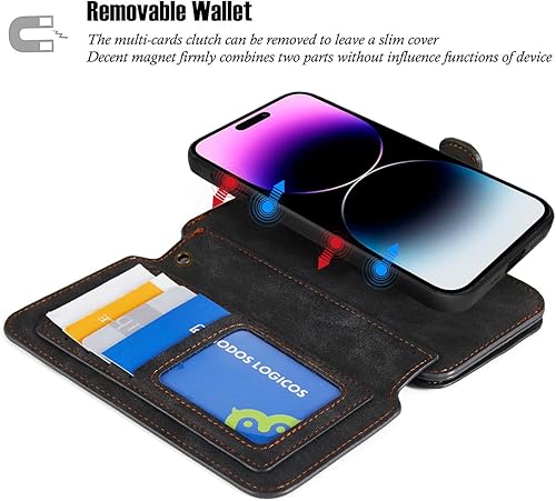 Miniatura 2 de MODOS LOGICOS Funda compatible con iPhone 15 de 6.1 pulgadas, cartera desmontable, almacenamiento en efectivo con cremallera, hasta 14 ranuras para