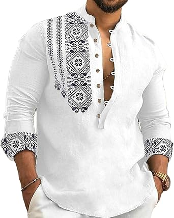 Mens Cotton Linen Henley Shirt Half Button Long Sleeve African Ethnic Printed Fall Hawaiian Shirts