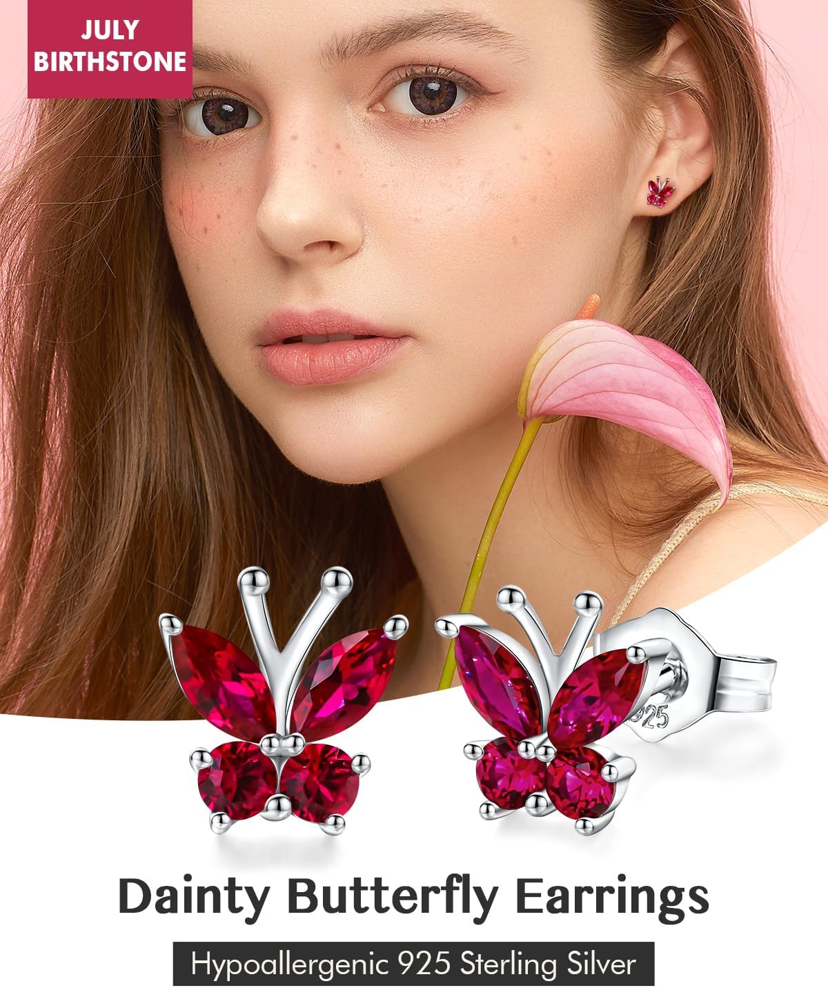 DAYBYDAY Butterfly Earrings 925 Sterling Silver Birthstone Earrings, Dainty Small Butterfly Stud Earrings for Women Birthstone Jewelry - Image 2