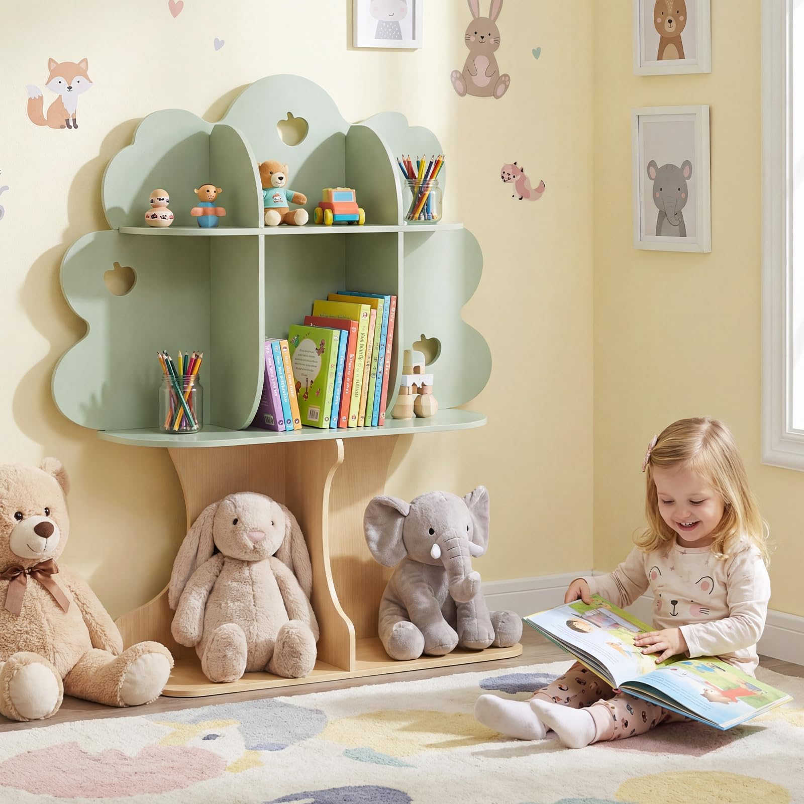 COSTWAY Libreria per Bambini a Forma di Albero, Scaffale per Giocattoli con 8 Scomparti Aperti e 2 Kit Antiribaltamento, Contenitore Salvaspazio per Salotto, Asilo Nido, Studio, 97 x 28 x 114 cm
