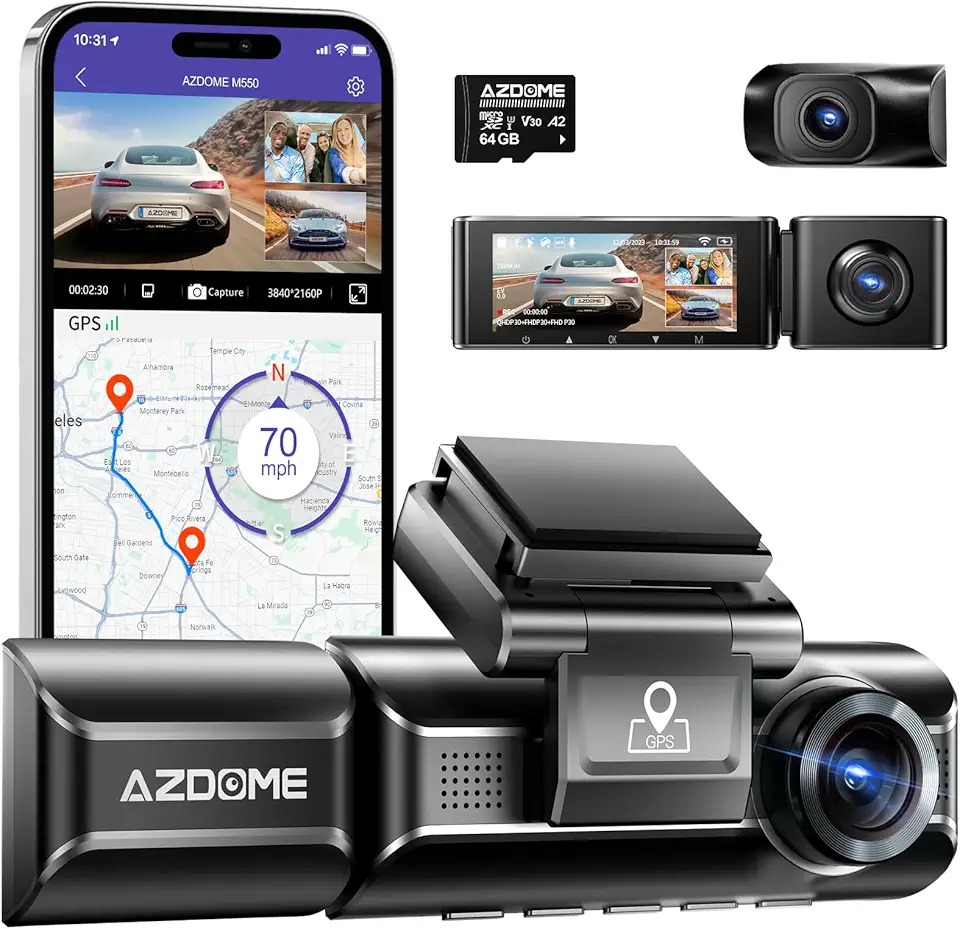 AZDOME Câmera veicular M550 3 canais 4K WiFi, frente dupla e traseira 4K + 1080p, câmera tripla para carro, cartão de 64 GB, GPS integrado, visão noturna, WDR IPS 3.19, modo de estacionamento