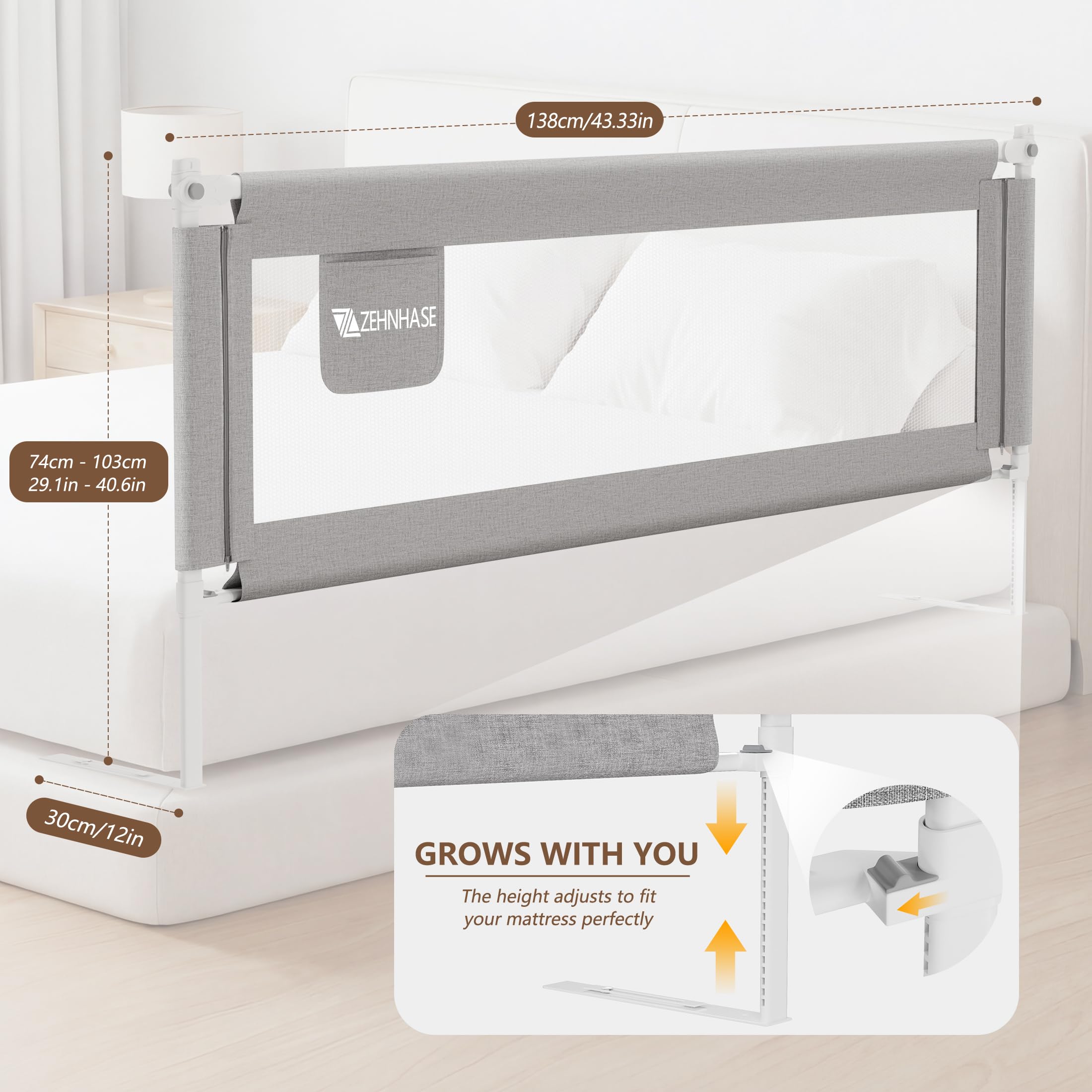 Barrière de Lit Portable Bébé, Barrière De Protection De Lit pour Enfants, Grand Rails de lit pour tout petits pour matelas jumeaux, double, pleine grandeur Queen & King (Gris, 140CM, 1 côté)