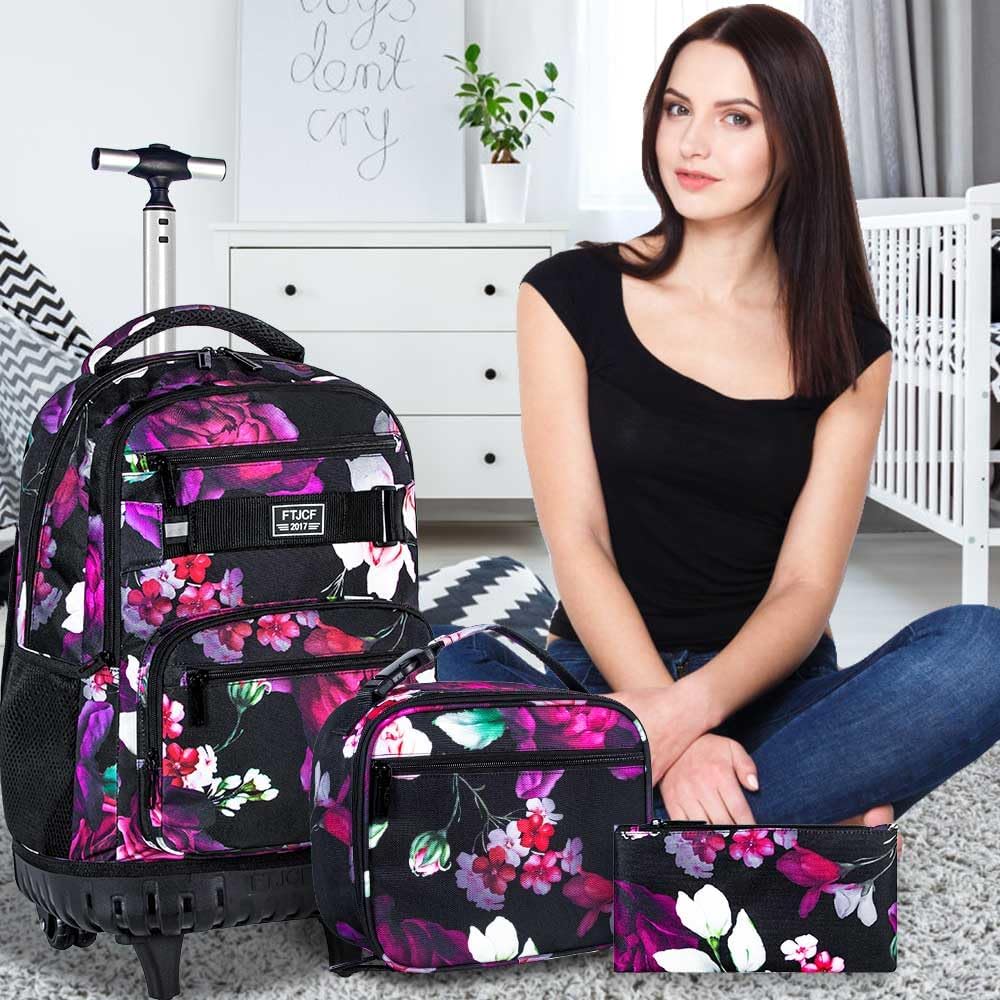 3Pcs Rolling Backpack for Girls Women, Travel Roller Backpacks with Wheels for Adults, Teens College Rose Wheeled Bookbag with Lunch Box(Black) - Image 2