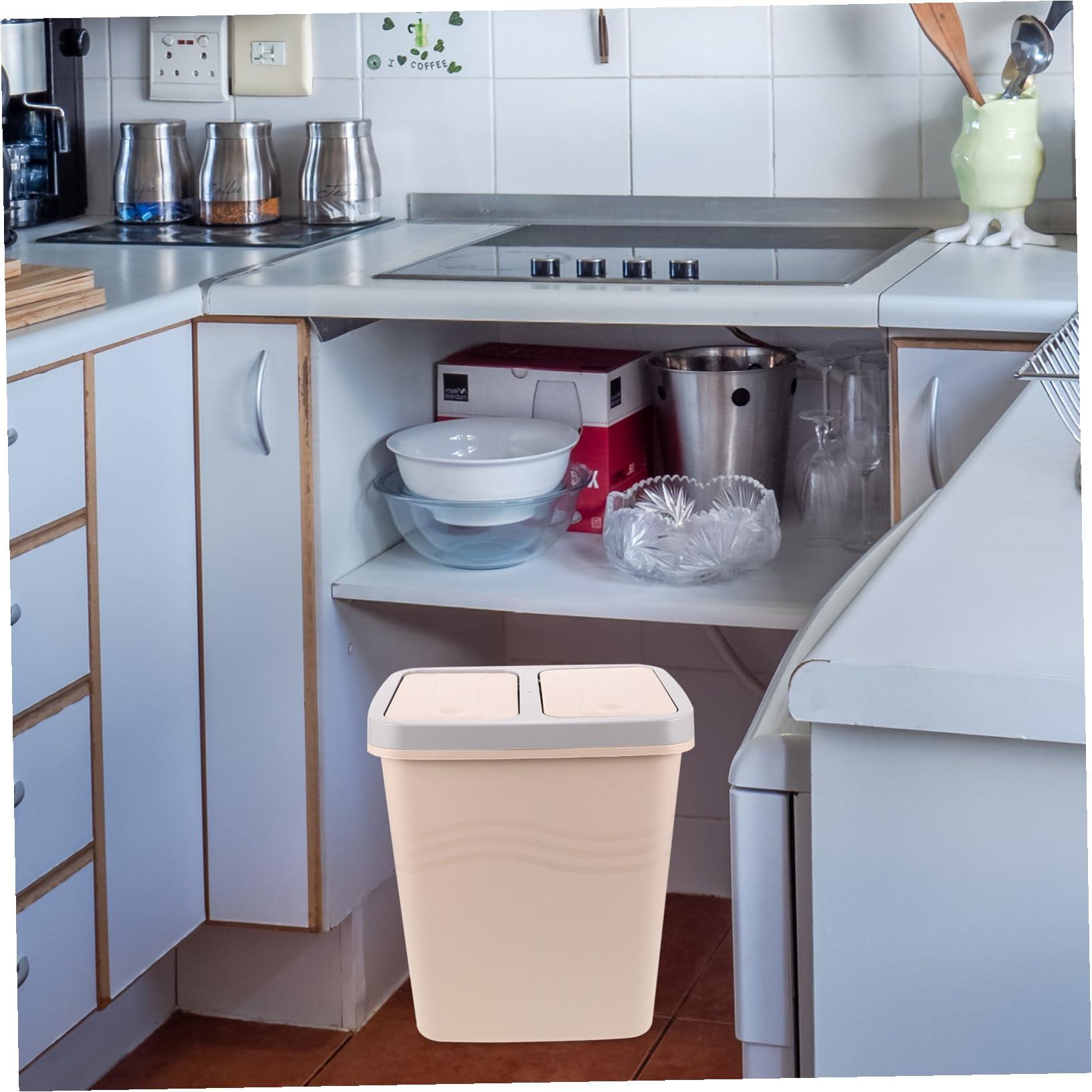 Dwukomorowy Kosz Śmieci z Pokrywą Pionowy Pojemnik Do Segregacji Sucho i Mokro Plastikowy Dwuwarstwowy Kosz Kuchenny Do Recyklingu i Odpadów z Funkcją Otwierania Naciśnięcie