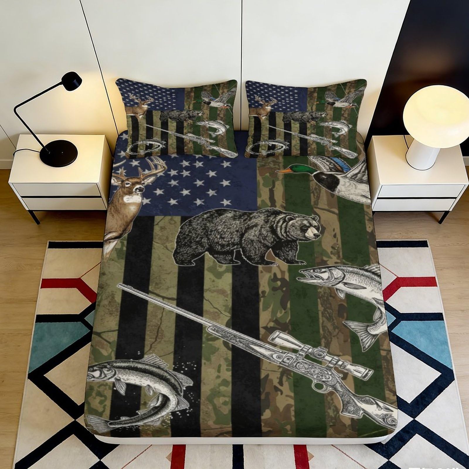 3D Printed Camouflage American Flag Fitted Sheet Microfiber Bear Rifle Bed Cover for Bedroom Dorm Decor Protection 90x200x25cm
