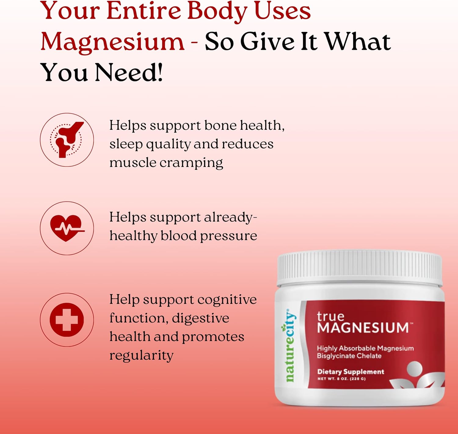 NatureCity TrueMagnesium Highly Absorbable Chelated Magnesium Bisglycinate Powder Drink Mix (60 Servings) - Magnesium Supplement for Sleep and to Support Bone Health & Muscles