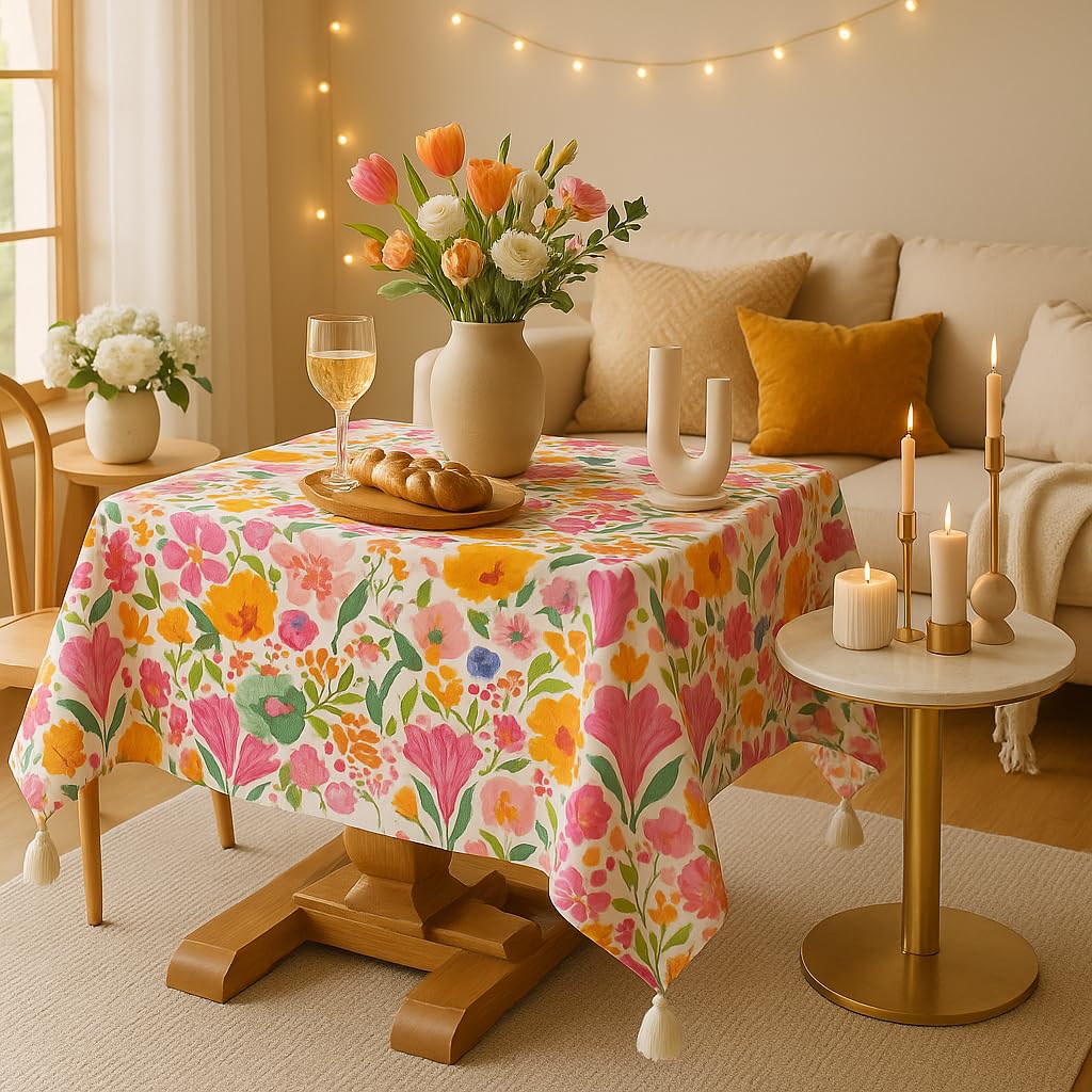 WWW.THROWPILLOW.IN Pink Floral Print Boho Printed Dining Table Cover Rectangle Shape 52"x 96", Anti Skid Table Cloth for 7 Feet Center Coffee Table|Living Room Diwali Decor 2