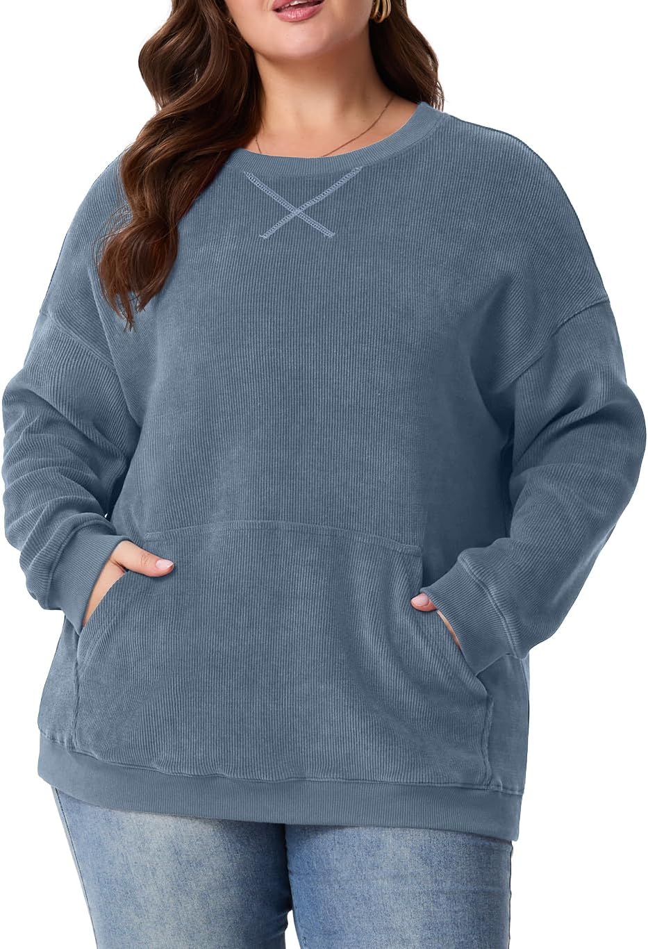 OLRIK Women Plus Size Sweatshirt Oversized Corduroy Crewneck Pullover Sweater with Kangaroo Pocket Fall Winter