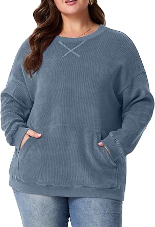 OLRIK Women Plus Size Sweatshirt Oversized Corduroy Crewneck Pullover Sweater with Kangaroo Pocket Fall Winter