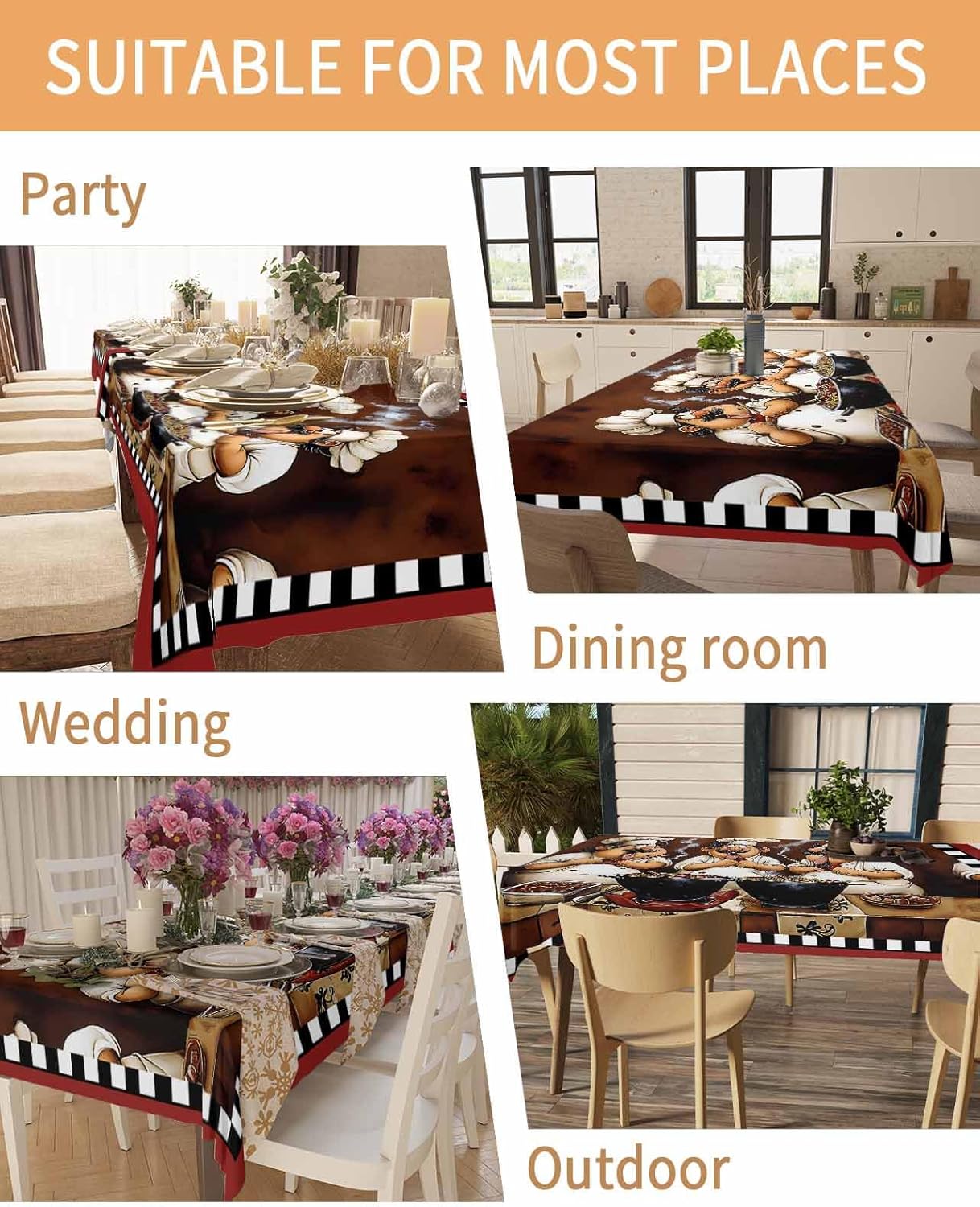 Fat Chef Waterproof Tablecloths Rectangle Dining Table Cloth Cartoon Vintage Black Check Plaid Washable Outdoor Table Cover for Kitchen, Cafe, Party, 54 x 108 Inch