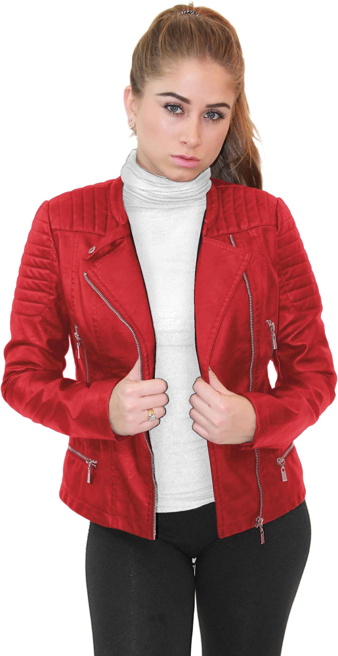 Womens Faux Leather Zip Up Moto Biker Jacket