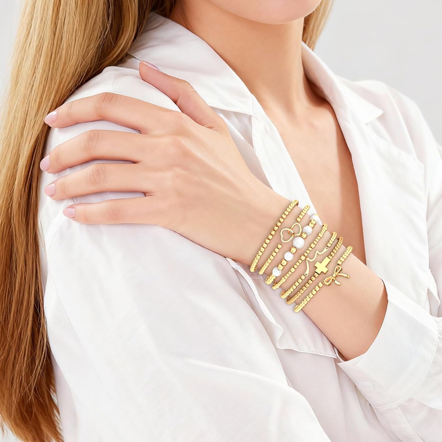 PCY Gold Bracelets for Women Waterproof,7PC Gold Plated Beaded Strand Bead Ball Bracelet Dainty Stackable Jewelry For Women. - Image 2