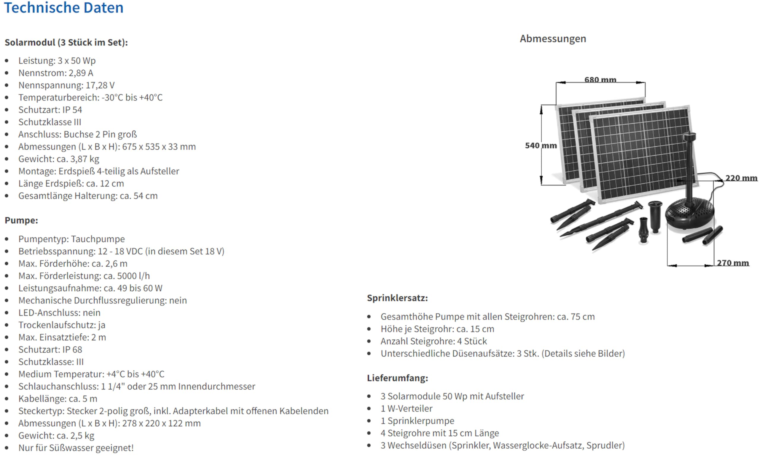 esotec Solar Teichpumpe 5000 l/h mit 3x50W Solarmodul – Solarbrunnen für Gartenteich & Wasserspiel – Direktbetrieb, 3 Düsen 101919