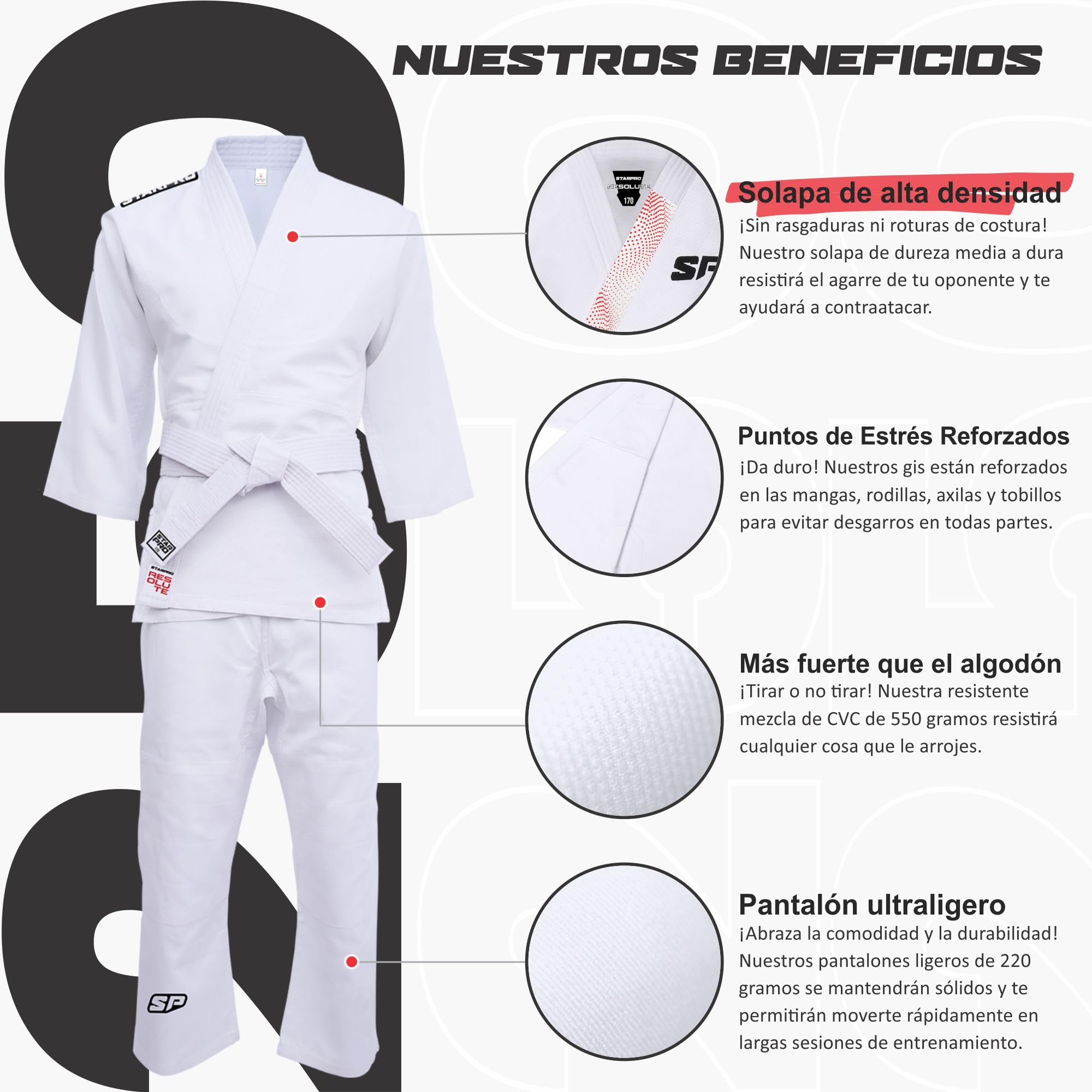 Starpro Judogi 250 Gramos - Algodón de Primera Calidad - Blanco - Judogi Profesional para Entrenamiento y competición - Hombres Mujeres y Niños - 100-170 cm - Incluye cinturón Blanco Gratis