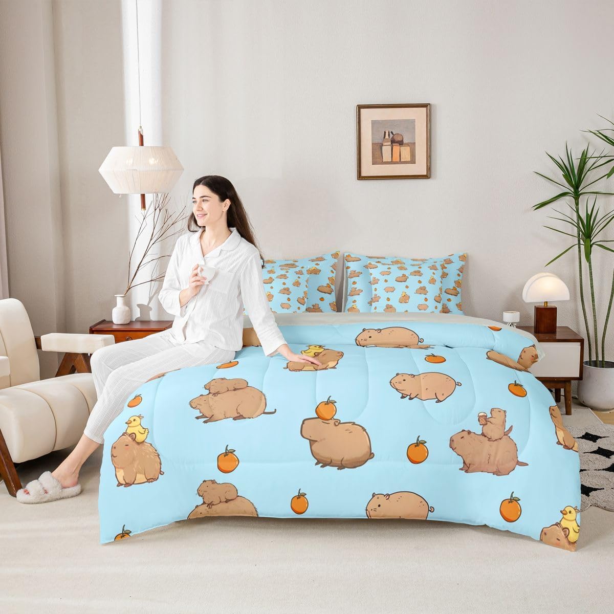 Erosebridal Cartoon Capybaras Twin Bed in A Bag 7 Piece Cute Animals Print Comforter Set with Sheets Capybara Lovers Ducks Bedding Sets for Kids Adults,Blue Khaki Capybara Bed Set