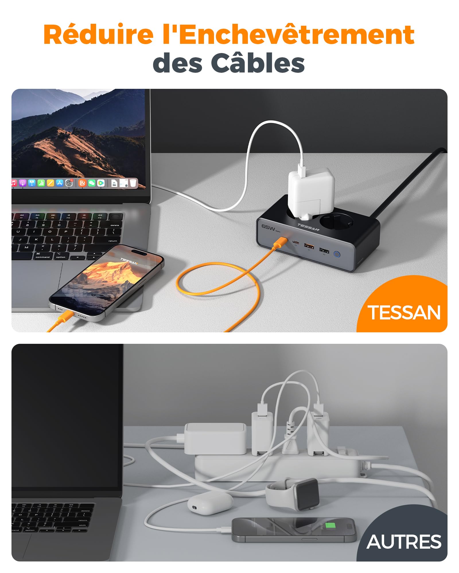 TESSAN Chargeur USB C, 6-en-1 Prise USB C avec 2 Prises CA, GaN PD 65W Station de Charge Rapide avec Interrupteur, Chargeur Multiple avec câble de Prolongation de 1,5 m pour Le Bureau et Les Voyages