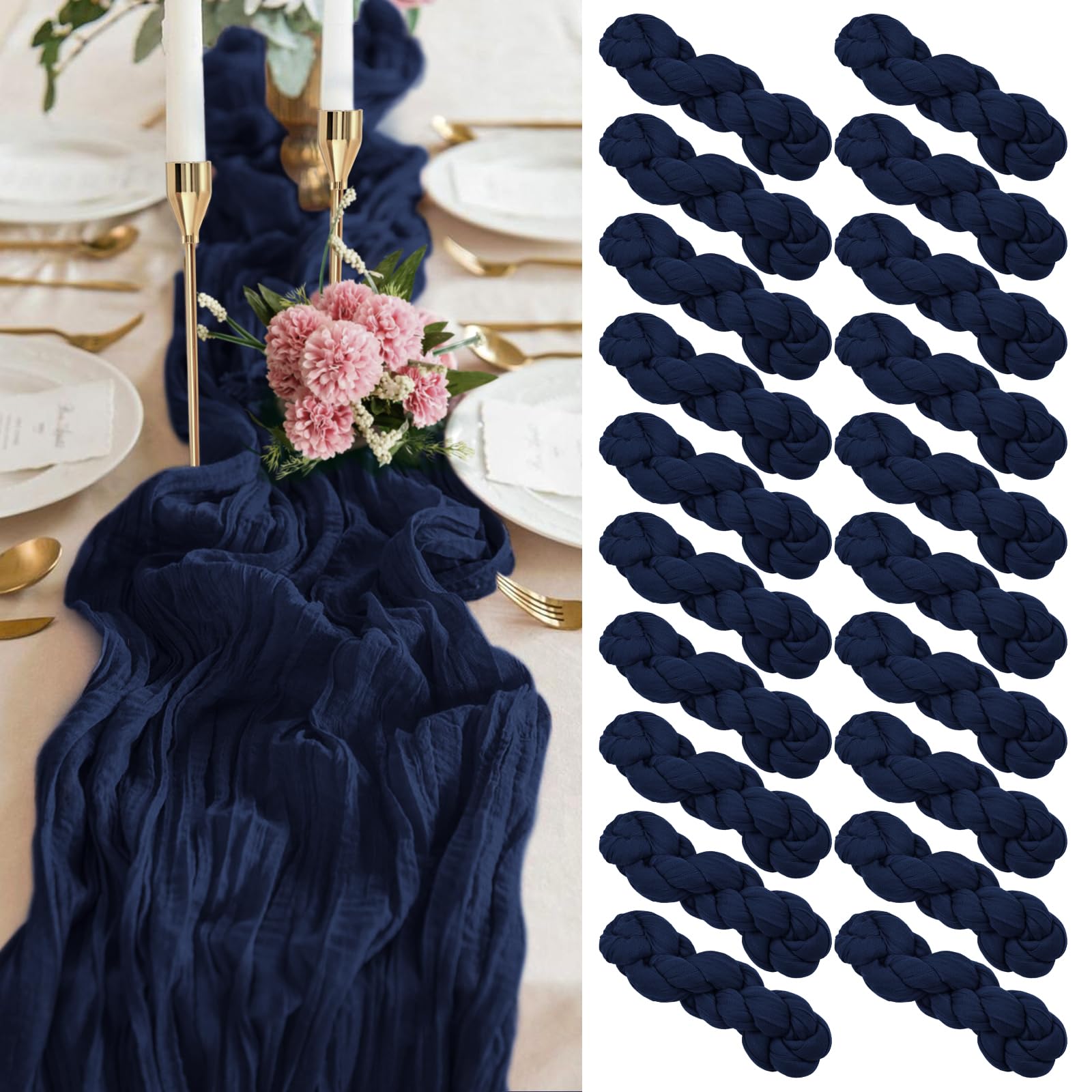 20 Pack Navy Blue Cheesecloth Table Runner,10FT Gauze Table Runner Cheesecloth Fabric Semi-Sheer Table Runner for Wedding Reception,Boho Rustic Wedding Party Sheer Bridal Shower Decor