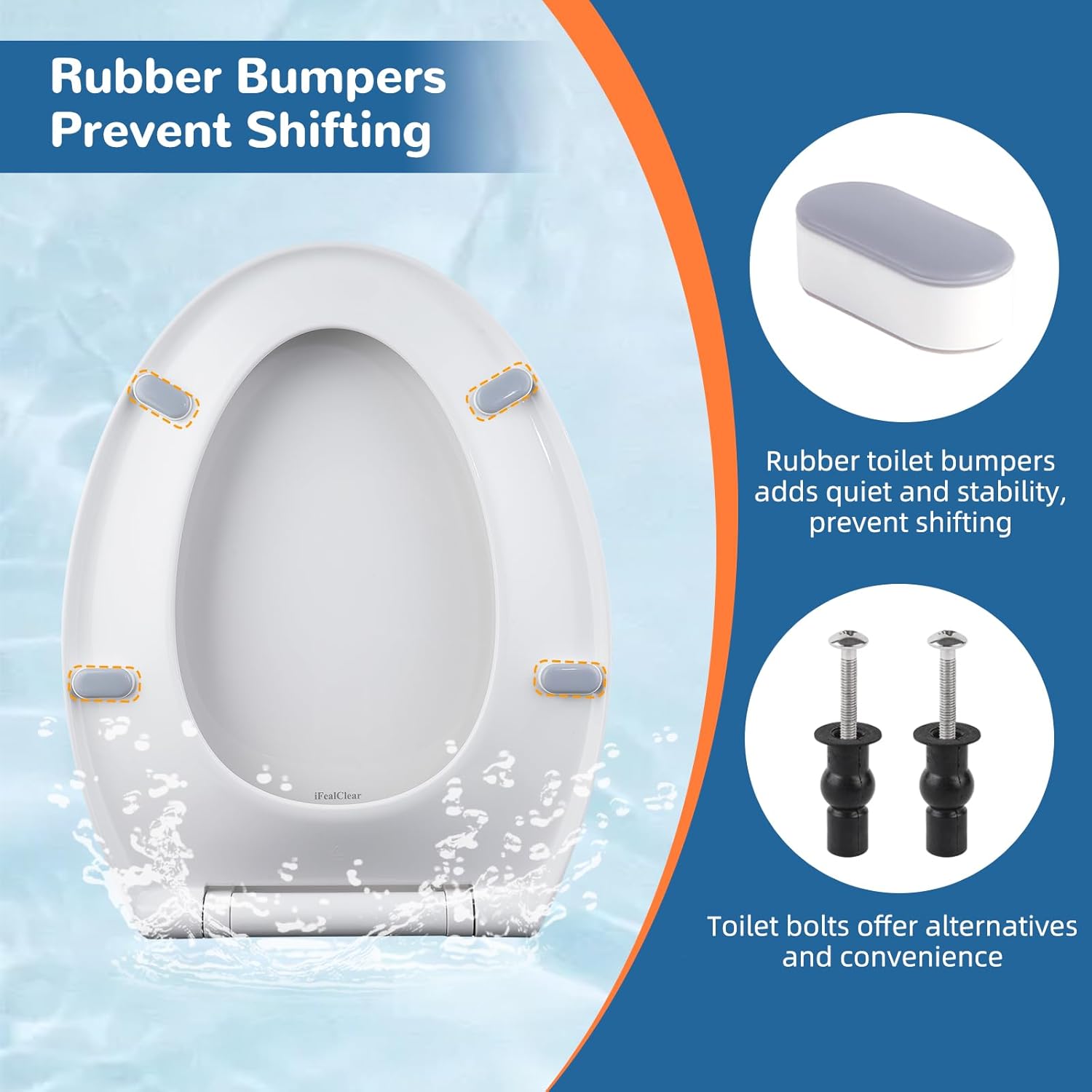 Universal Toilet Seat Elongated with Soft Close Cover, Oval Toilet Seat Replacement with Toilet Bolts Hinge and Bumpers, Compatible with Kohler, American Standard, TOTO, One-click Release, White