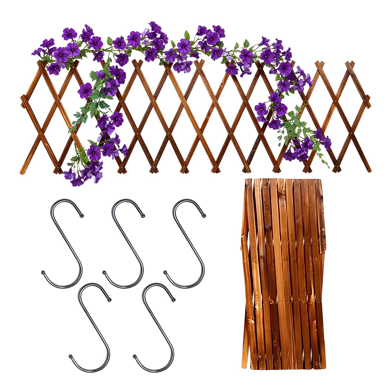 Enrejado extensible para plantas, 180 x 30 cm, rejilla de madera con 5 ganchos, enrejado vertical para plantas trepadoras, decoración de pared, soporte de madera para habitaciones, jardín, terraza