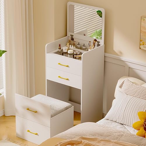 Miniatura 1 de JDPAG Escritorio de tocador 3 en 1 con espejo y luces, mesa de tocador de maquillaje con taburete acolchado, escritorio compacto para espacios
