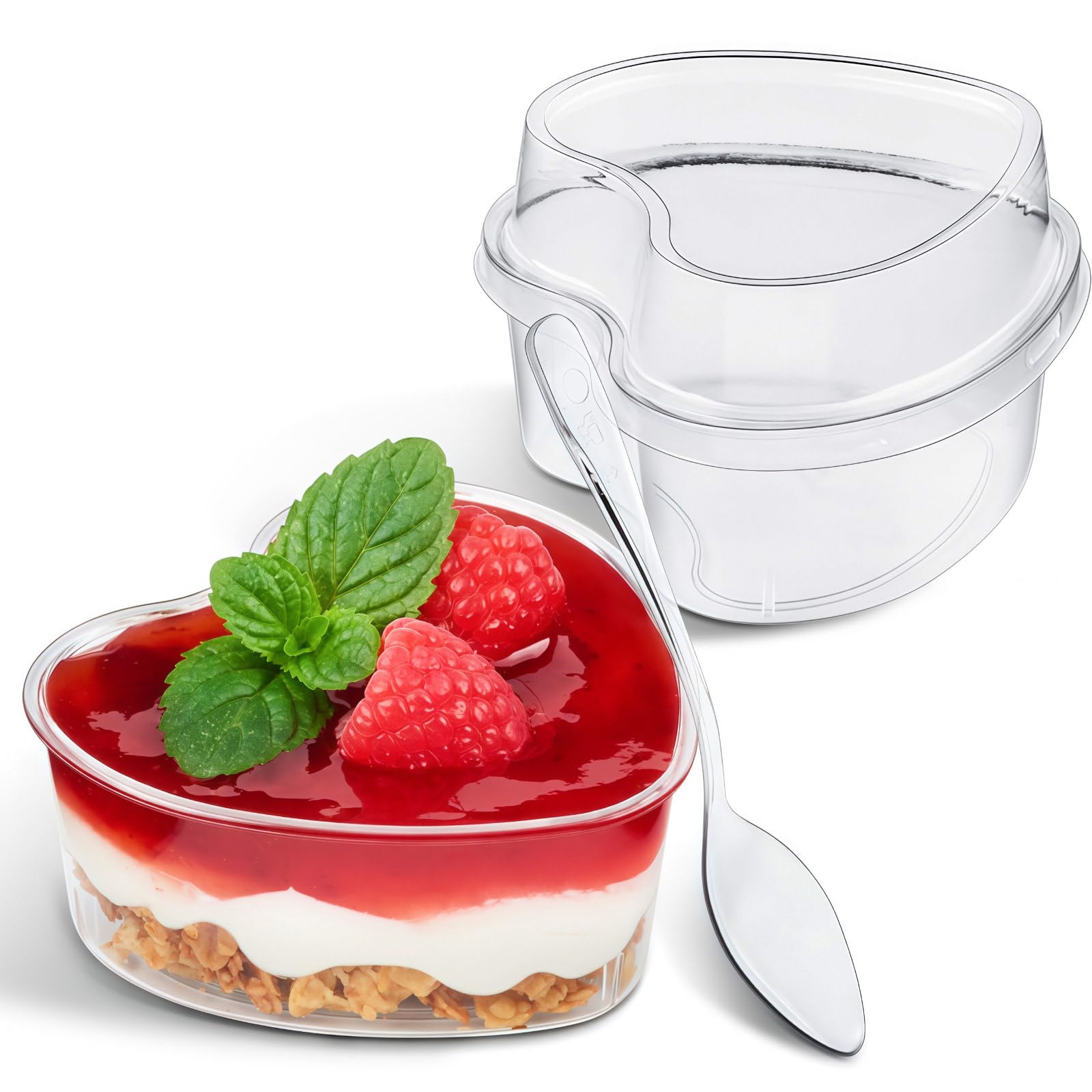 TOFLEN 5 oz Heart Shaped Dessert Cups with Lids and Spoons 150 Pcs | Serves 50 | Mini Plastic Dessert Shooter Cups for Parfait, Cheesecake, Mousse, Appetizers, Jello Shot and Puddings