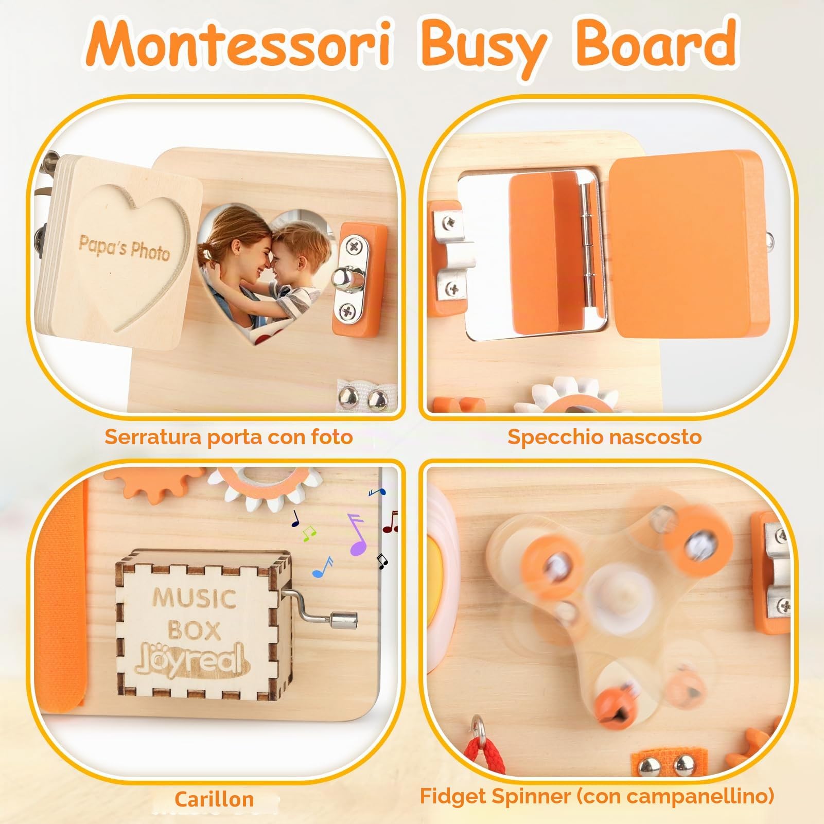 Joyreal Pannello Sensoriale Bambini Montessori - Busy Board Giochi Legno Montessori con Specchio Neonati Giocattoli Giochi Educativi Regalo per Bambini