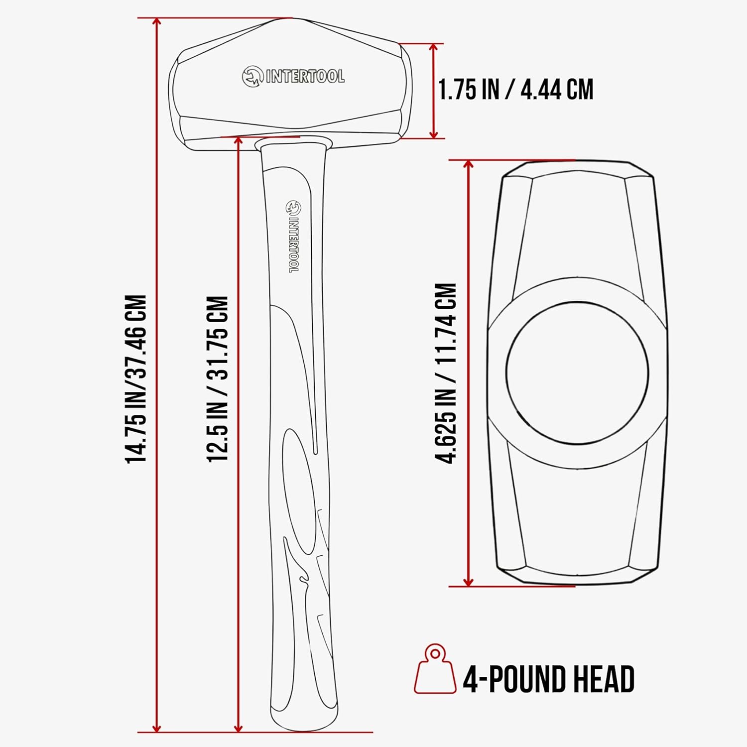 INTERTOOL 4 lbs Small Sledge Hammer | Drilling/Crack Mini Sledgehammer with Heavy-Duty Steel & Shock Absorbing Non-Slip Fiberglass Handle | HT08-0247