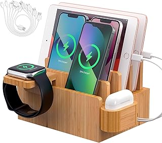 Bamboo Charging Station Organizer for Multiple Devices, Desktop Docking Stations Holder for Cell Phone, Tablet, SmartWatch & Earbuds Stand (Included 6 Cables) (âž¤No USB Charger)
