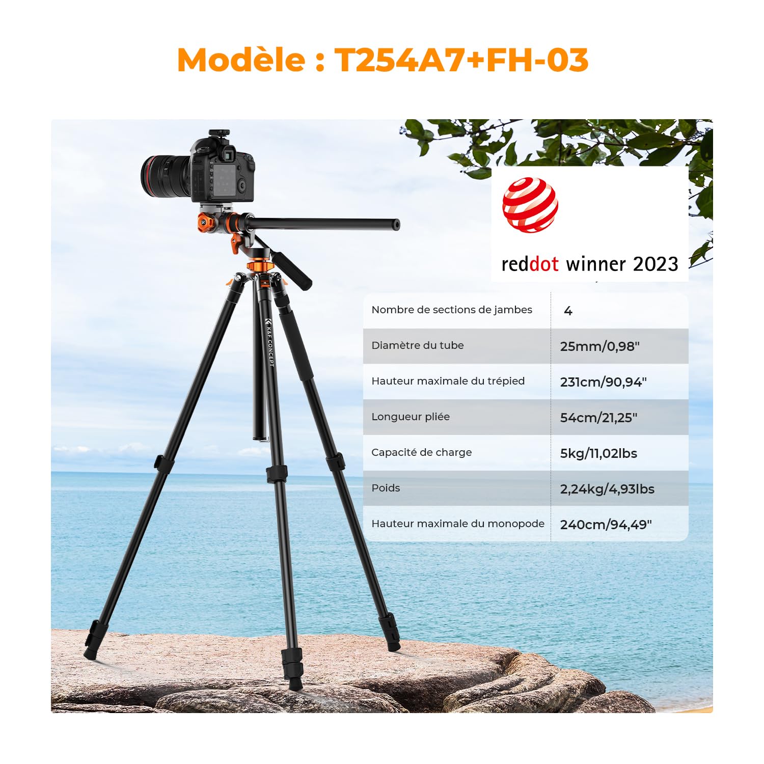 K&F CONCEPT Trépied Vidéo, 231cm Trépied Appareil Photo avec Tête Fluide Inclinaison à 90°/-90°, Horizontal à Colonne Centrale de Rotation à 360°, pour Caméra Vidéo,DSLR, Caméscope -T254A7