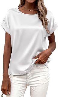 BTFBM Women's Satin Short Sleeve Blouses - Dressy Casual Crewneck Tops for Summer Spring Work Business Outfits
