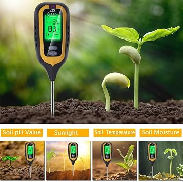Soil Moisture Meter Digital, 4 in 1 Soil Tester withTemperature/pH/Moisture/Sunlight, Soil Testing Kit for Garden, Farm Outdoor/indoor (Black)