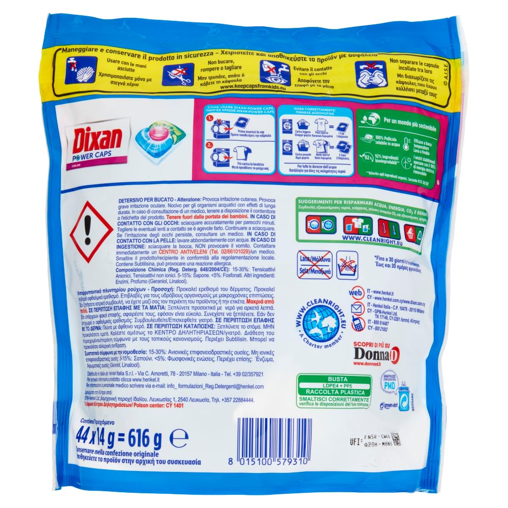 Dixan Power Caps Color, Detersivo Lavatrice in Capsule, 5 x 44 capsule lavaggi