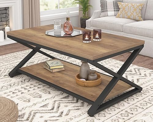 HSH Mesa de centro rústica de granja, moderna mesa minimalista de madera y metal, mesa central rectangular de 2 lazos con estante de almacenamiento