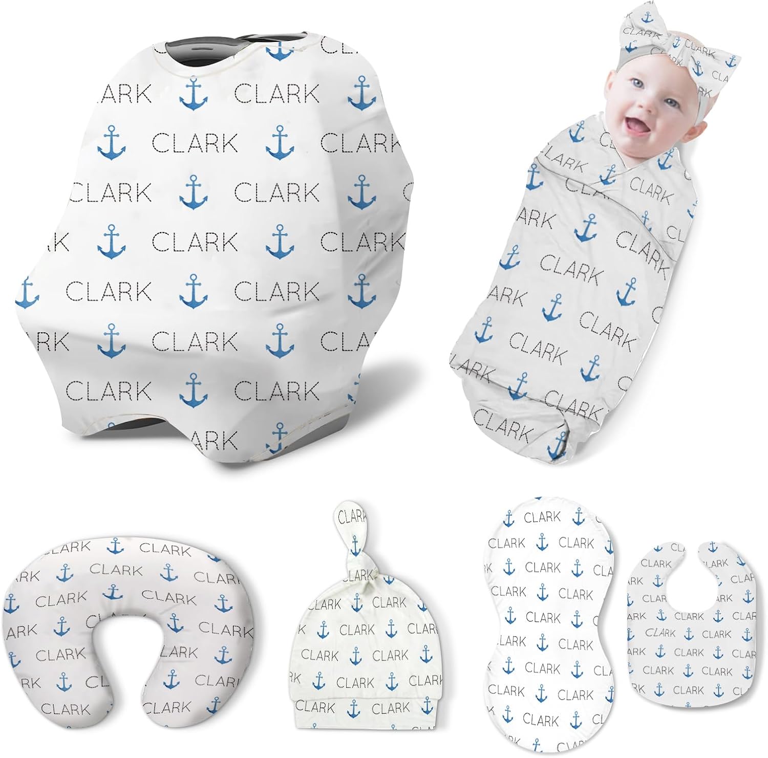 Custom Baby Nursing Swaddling Set: Personalized Custom Name Swaddle Blanket Car Seat Cover Bow Headband Hat Nursing Pillow for Infant Boy Blue Anchor Pattern(Fixed Size)