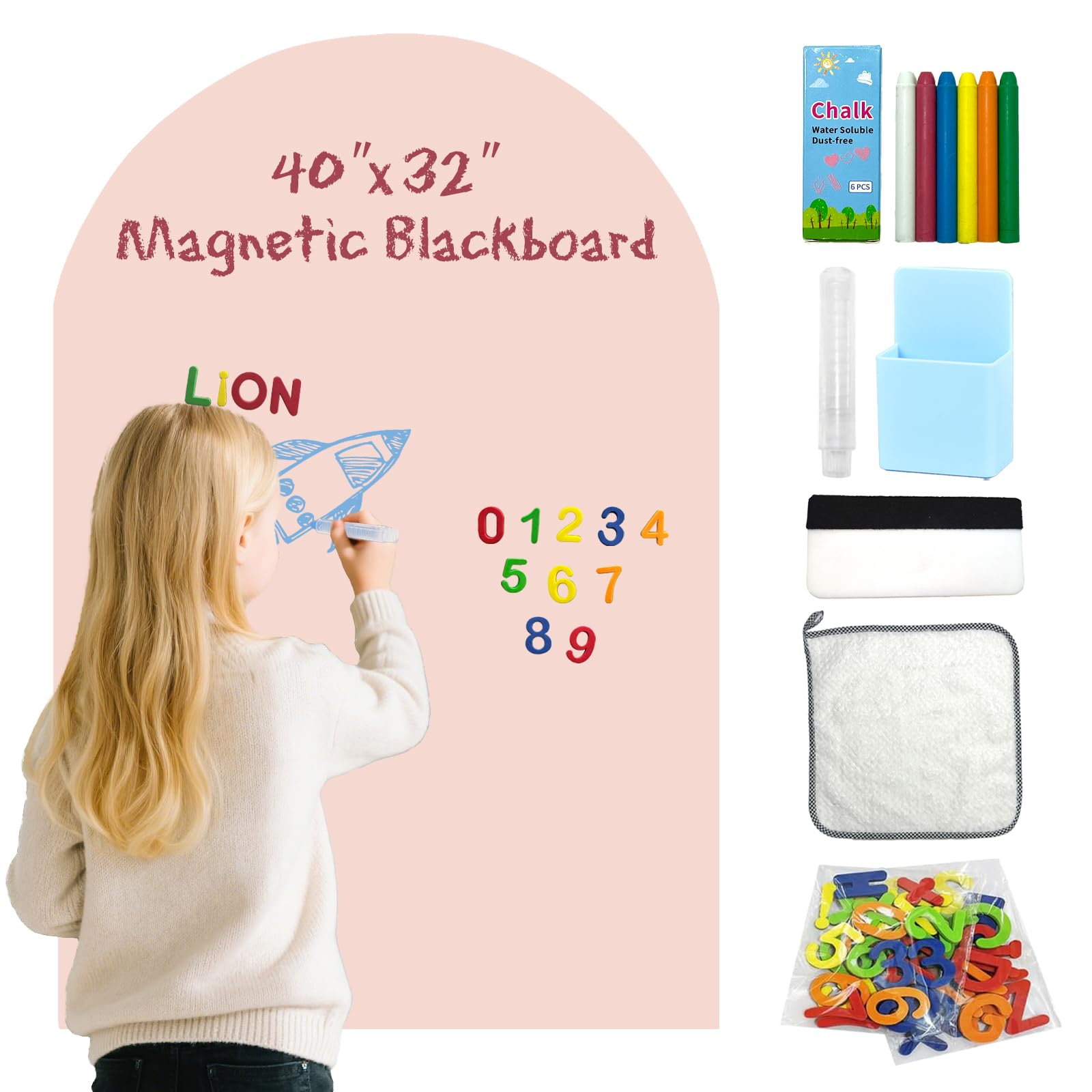 EVBEA 40" x 32" Magnetic Chalkboard Arch Contact Paper for Wall Peel and Stick Self Adhesive Whiteboard Chalk Board Wall Decal Wallpaper Sticker Roll with Chalks for Home School (Salmon Pink)