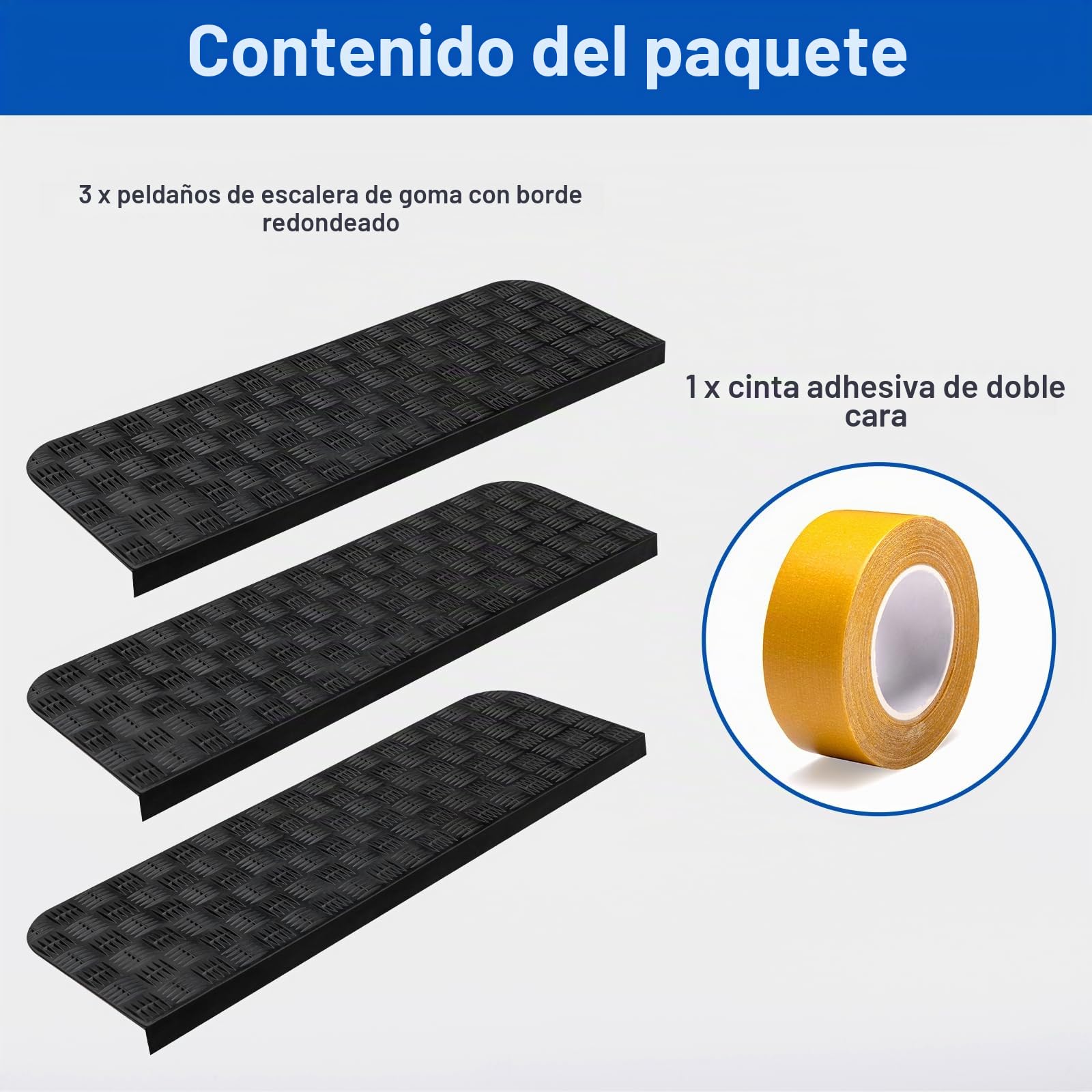 Spurtar Juego de 3 Cinta Caucho Sintético Antideslizante Escaleras Alfombrillas de Goma para Escaleras Antideslizantes, para Interiores y Exteriores Moqueta Adhesiva con Doble Cara,76 x 25 cm
