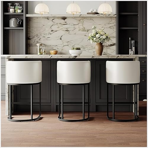 Modern Counter Height Bar Stools,Bar Stools Set of 3,PU Leather Upholstered Barrel Barstools with Backs,26'' Kitchen Island Chairs,Metal Black Frames,Pearl White Leather