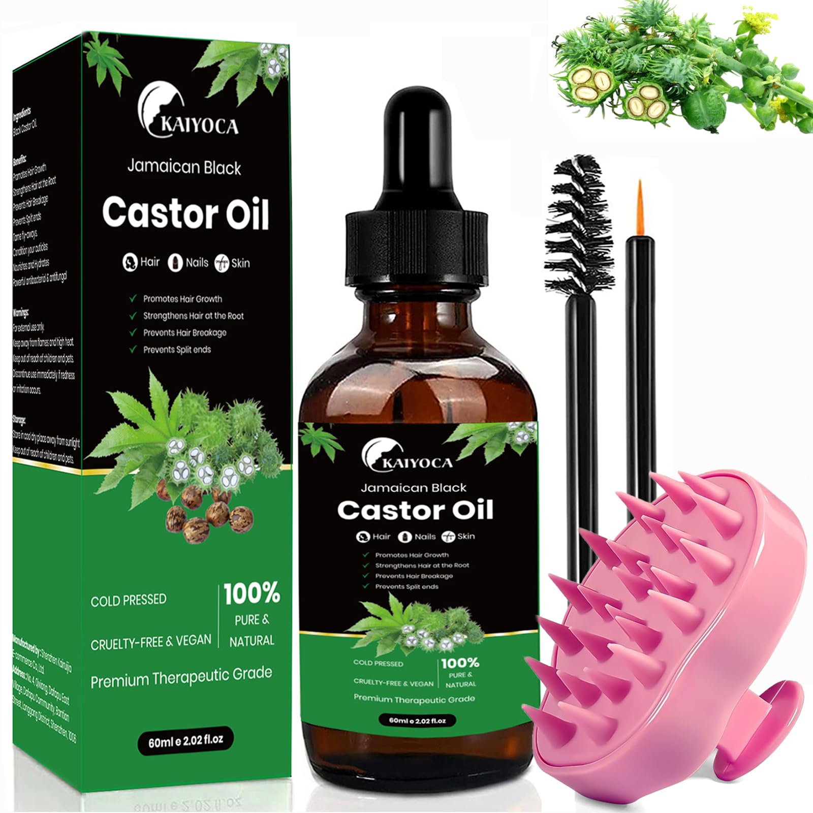 Aceite de ricino negro jamaicano con masajeador del cuero cabelludo, natural premium para la caída del cabello seco y dañado para mujeres y hombres, 60 ml